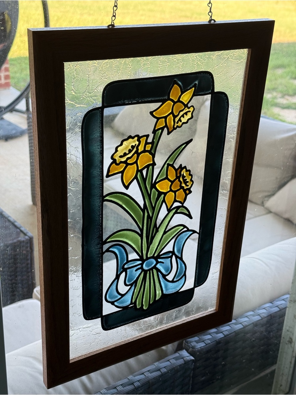 Vintage 18x12 Stained Glass Yellow Daffodils with Blue Ribbon